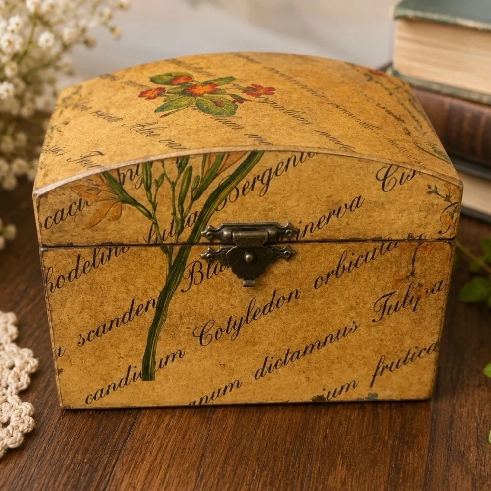 Vintage Floral Botanical Curved Wood Keepsake Box Decoupage Trinket Jewelry